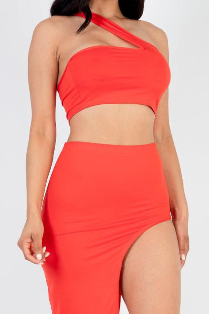 Sexy Solid One Shoulder Crop Top & Split Thigh Midi Skirt Set - Capella Apparel