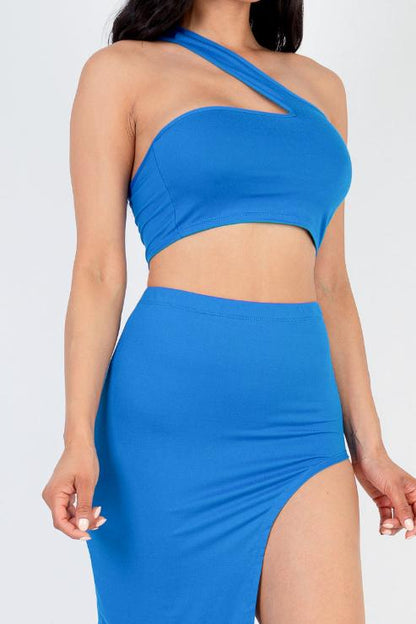 Sexy Solid One Shoulder Crop Top & Split Thigh Midi Skirt Set - Capella Apparel