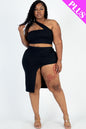 Plus Size Sexy Solid One Shoulder Crop Top & Split Thigh Midi Skirt Set - Capella Apparel