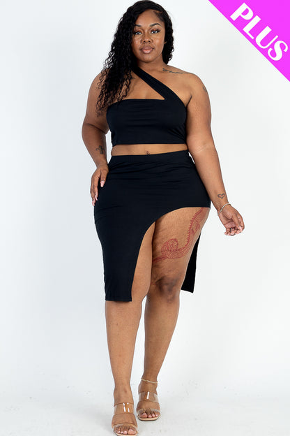 Plus Size Sexy Solid One Shoulder Crop Top & Split Thigh Midi Skirt Set - Capella Apparel