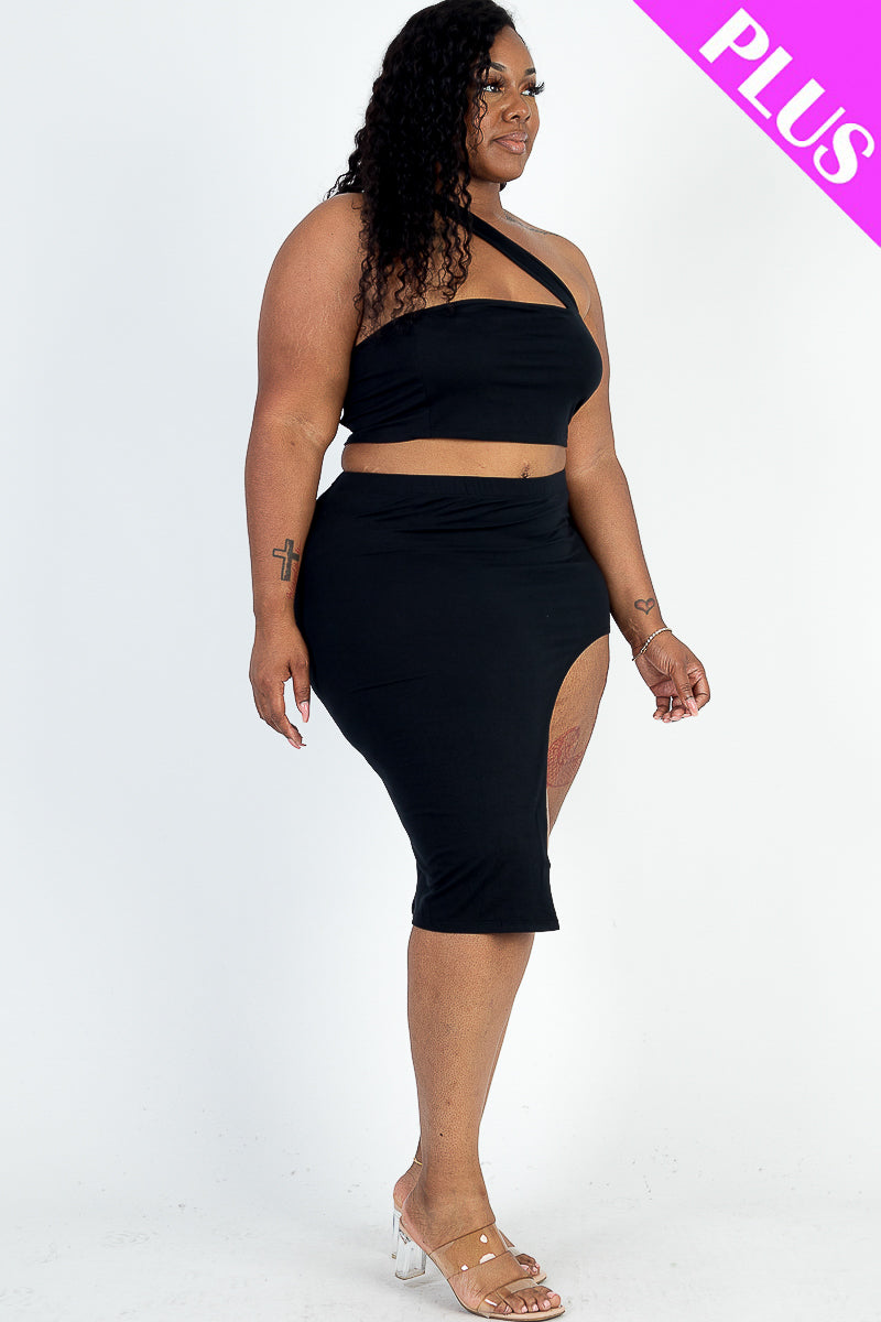 Plus Size Sexy Solid One Shoulder Crop Top & Split Thigh Midi Skirt Set - Capella Apparel