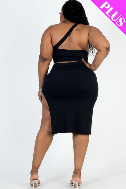 Plus Size Sexy Solid One Shoulder Crop Top & Split Thigh Midi Skirt Set - Capella Apparel