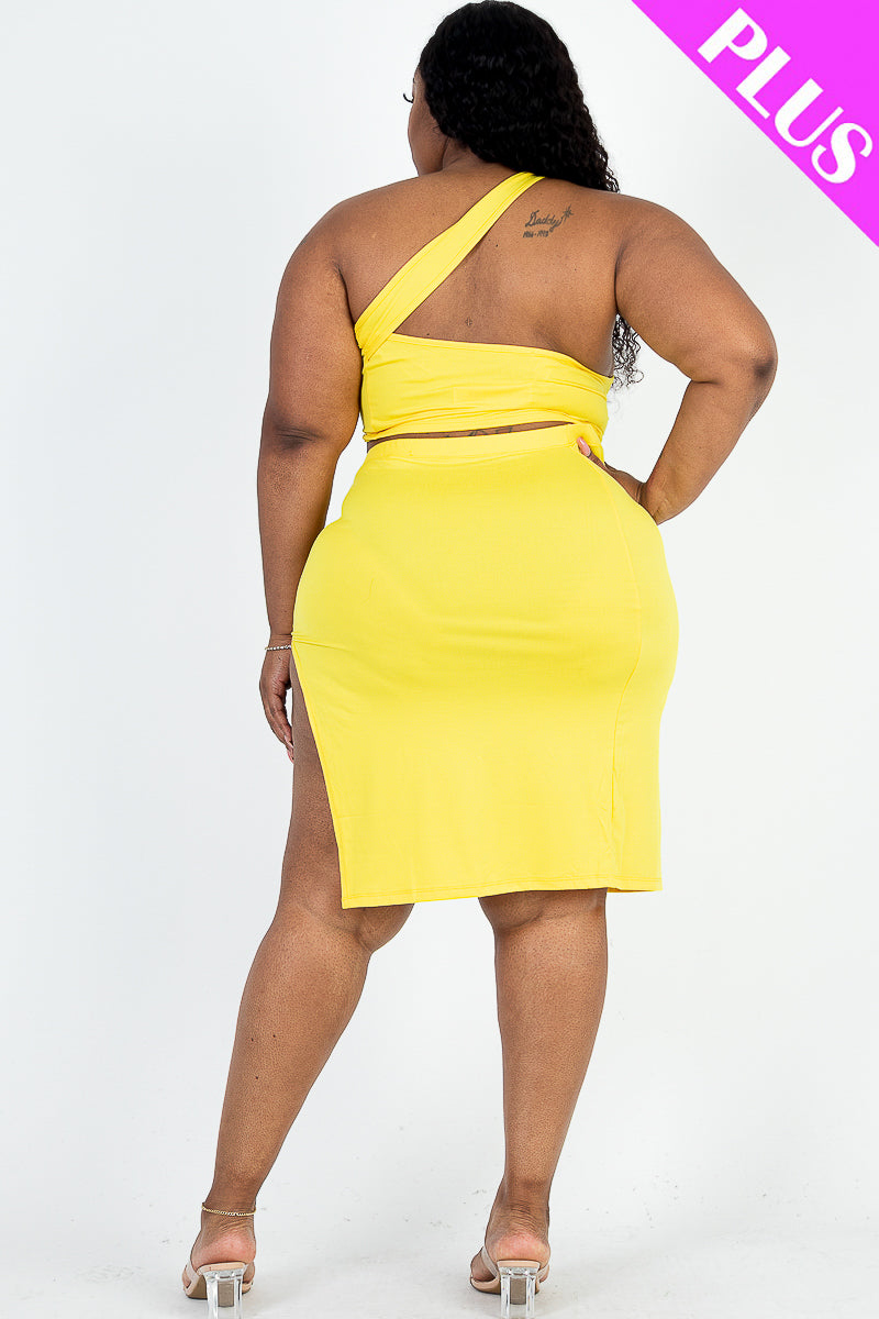 Plus Size Sexy Solid One Shoulder Crop Top & Split Thigh Midi Skirt Set - Capella Apparel