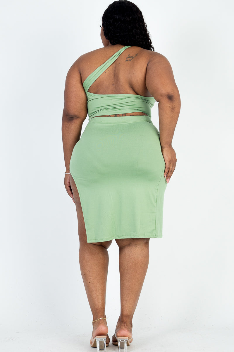 Plus Size Sexy Solid One Shoulder Crop Top & Split Thigh Midi Skirt Set - Capella Apparel