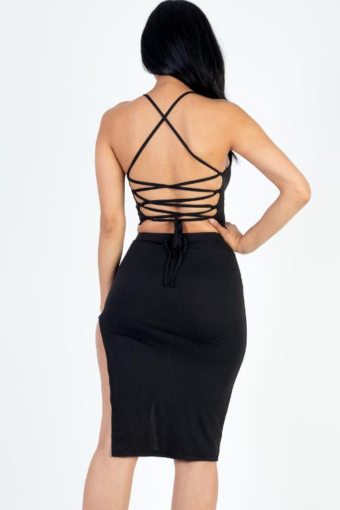 Sexy Solid Color Crisscross Back Cami Crop Top & Split Thigh Midi Skirt Set - Capella Apparel