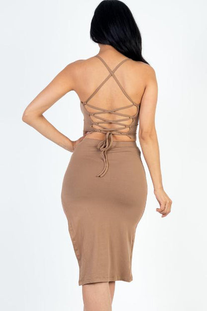 Sexy Solid Color Crisscross Back Cami Crop Top & Split Thigh Midi Skirt Set - Capella Apparel