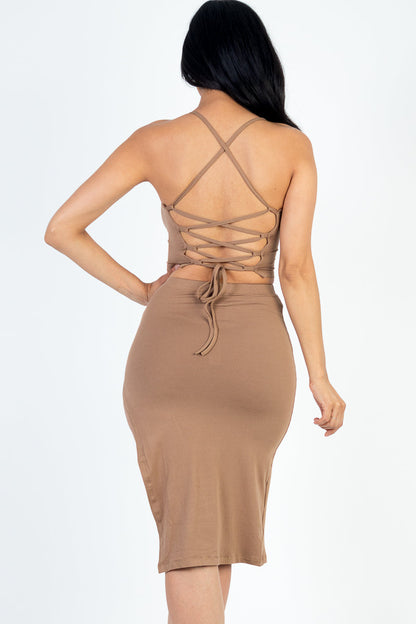 Sexy Solid Color Crisscross Back Cami Crop Top & Split Thigh Midi Skirt Set (CAPELLA) - Capella Apparel