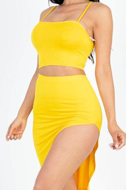 Sexy Solid Color Crisscross Back Cami Crop Top & Split Thigh Midi Skirt Set - Capella Apparel