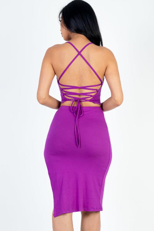 Sexy Solid Color Crisscross Back Cami Crop Top & Split Thigh Midi Skirt Set - Capella Apparel