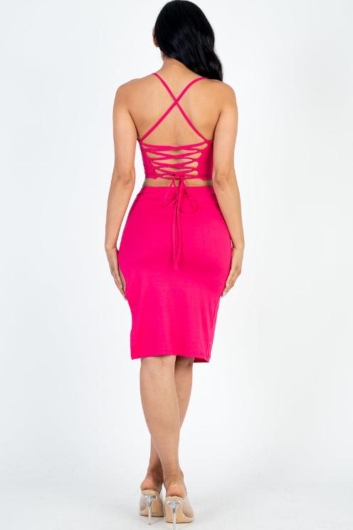 Sexy Solid Color Crisscross Back Cami Crop Top & Split Thigh Midi Skirt Set - Capella Apparel