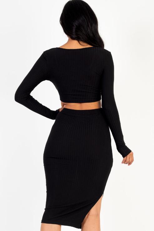 Ribbed Long Sleeve Crop Top & Skirt Set - Capella Apparel