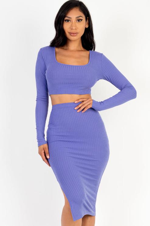 Ribbed Long Sleeve Crop Top & Skirt Set - Capella Apparel