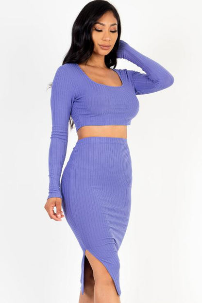 Ribbed Long Sleeve Crop Top & Skirt Set - Capella Apparel