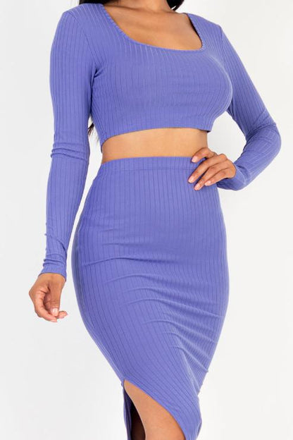 Ribbed Long Sleeve Crop Top & Skirt Set - Capella Apparel