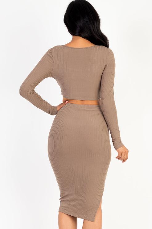 Ribbed Long Sleeve Crop Top & Skirt Set - Capella Apparel