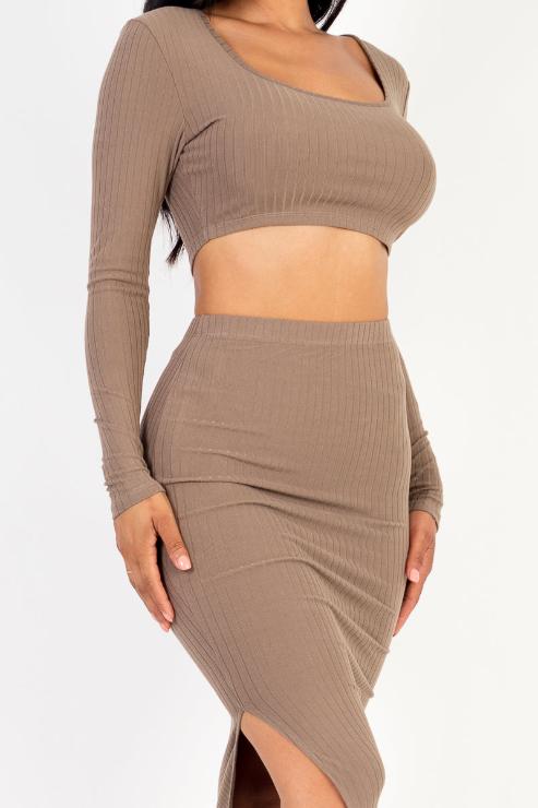 Ribbed Long Sleeve Crop Top & Skirt Set - Capella Apparel