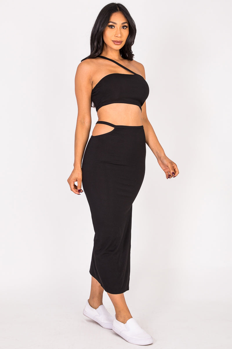 Cross Strap Cutout Top & Side Slit Midi Skirt Set - Capella Apparel