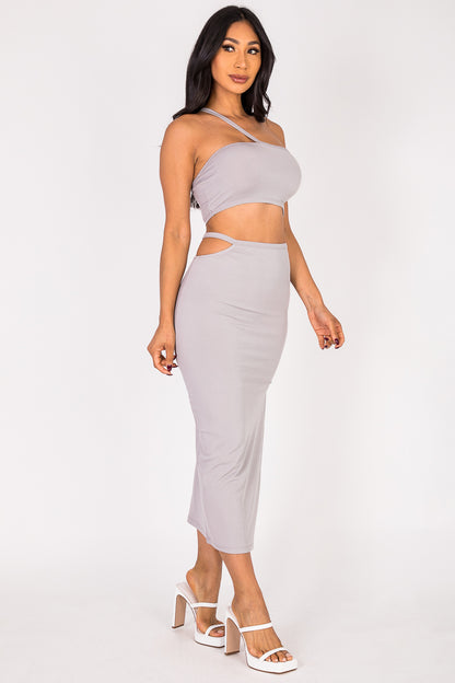 Cross Strap Cutout Top & Side Slit Midi Skirt Set - Capella Apparel